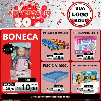 Modelo de Rede Social para Feed Facebook com o tema Promoção de Aniversário - 30 Anos para Brinquedos