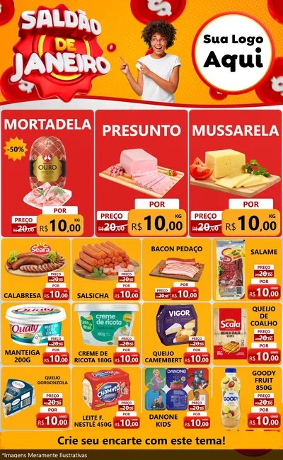 Modelo de Encarte para Encarte Grande com o tema Saldão de Janeiro para Frios e Laticínios