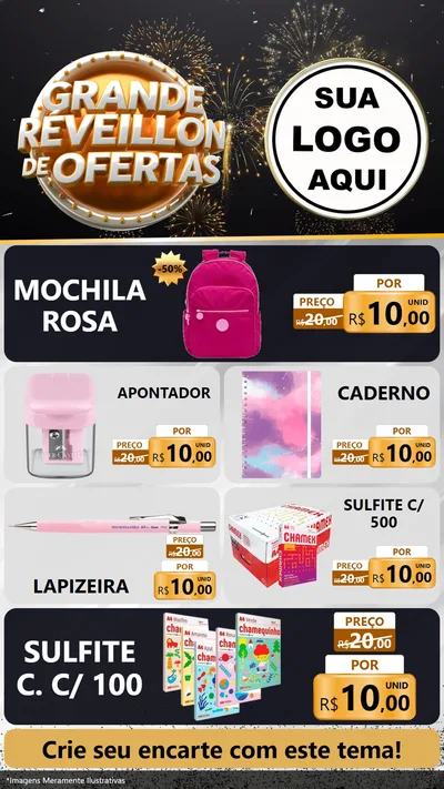 Modelo de TV para TV Vertical com o tema Grande Réveillon de Ofertas para Papelaria