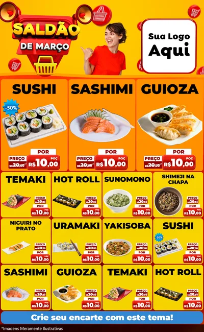 Modelo de Encarte para Encarte Grande com o tema Saldão de Março para Comida japonesa
