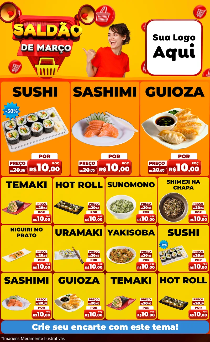 Modelo de Encarte para Encarte Grande com o tema Saldão de Março para Comida japonesa