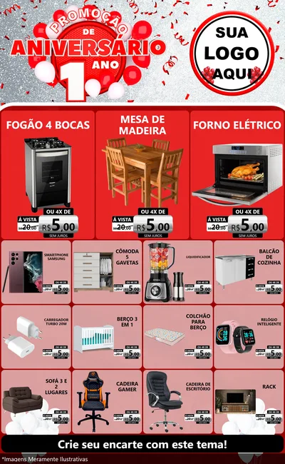 Modelo de Encarte para Encarte Grande com o tema Promoção de Aniversário - 1 Ano para Móveis e Eletro