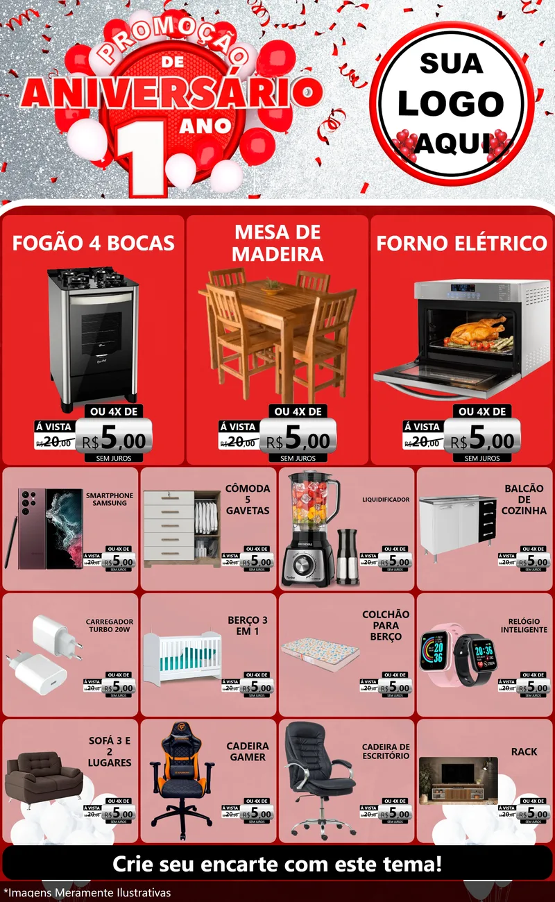 Modelo de Encarte para Encarte Grande com o tema Promoção de Aniversário - 1 Ano para Móveis e Eletro