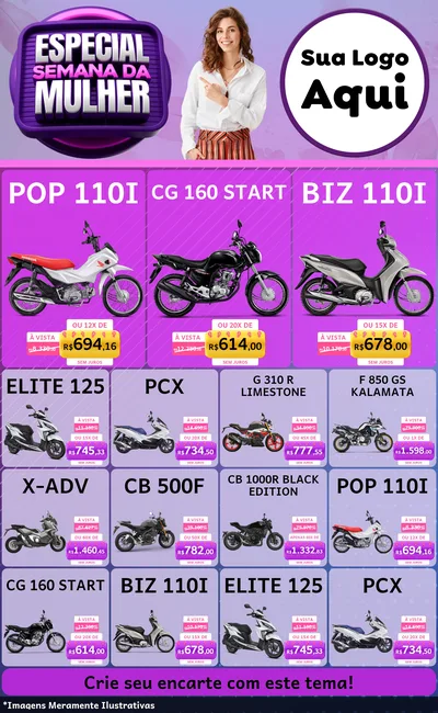 Modelo de Encarte para Encarte Grande com o tema Especial Semana da Mulher para Concessionaria de Motos