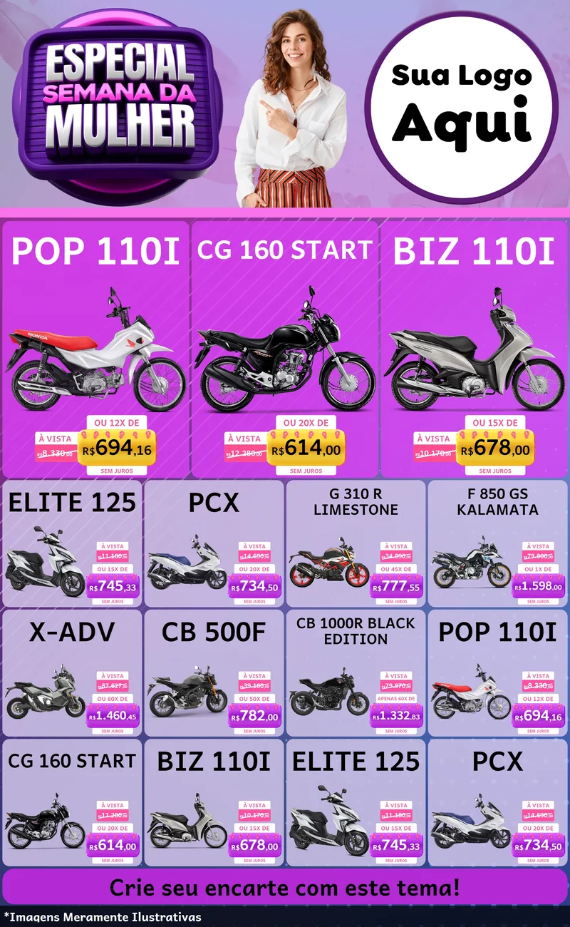 Modelo de Encarte para Encarte Grande com o tema Especial Semana da Mulher para Concessionaria de Motos