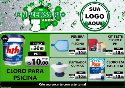 Modelo de Encarte para Encarte A4 Horizontal com o tema Promoção de Aniversário - 3 Anos para Produtos para Piscina