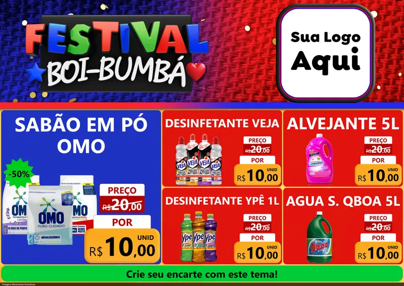 Modelo de Encarte para Encarte A4 Horizontal com o tema Festival Boi-Bumbá para Produtos de Limpeza