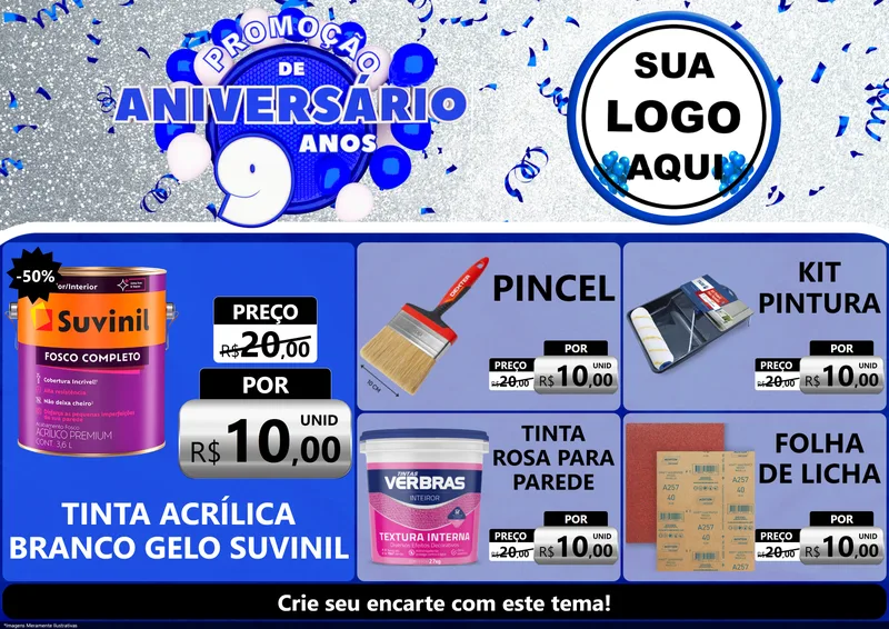 Modelo de Encarte para Encarte A4 Horizontal com o tema Promoção de Aniversário - 9 Anos para Tintas e Ferramentas