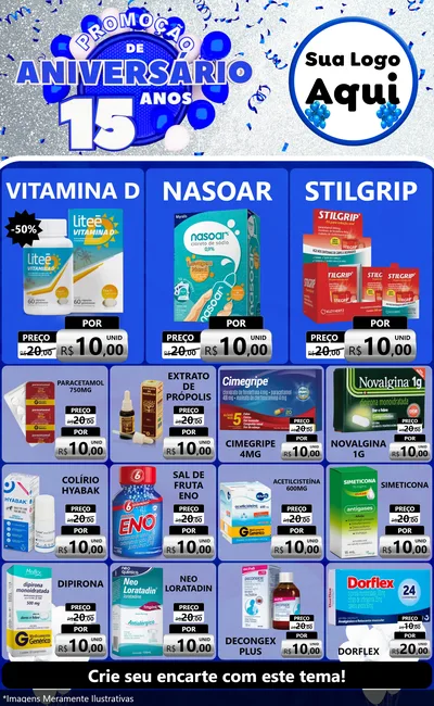 Modelo de Encarte para Encarte Grande com o tema Promoção de Aniversário - 15 Anos para Farmácia