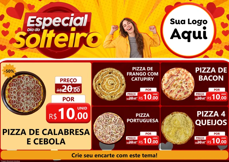 Modelo de Encarte para Encarte A4 Horizontal com o tema Especial Dia do Solteiro para Pizzaria