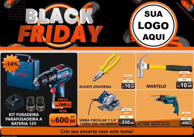 Modelo de Encarte para Encarte A4 Horizontal com o tema Black Friday para Maquinas e Ferramentas