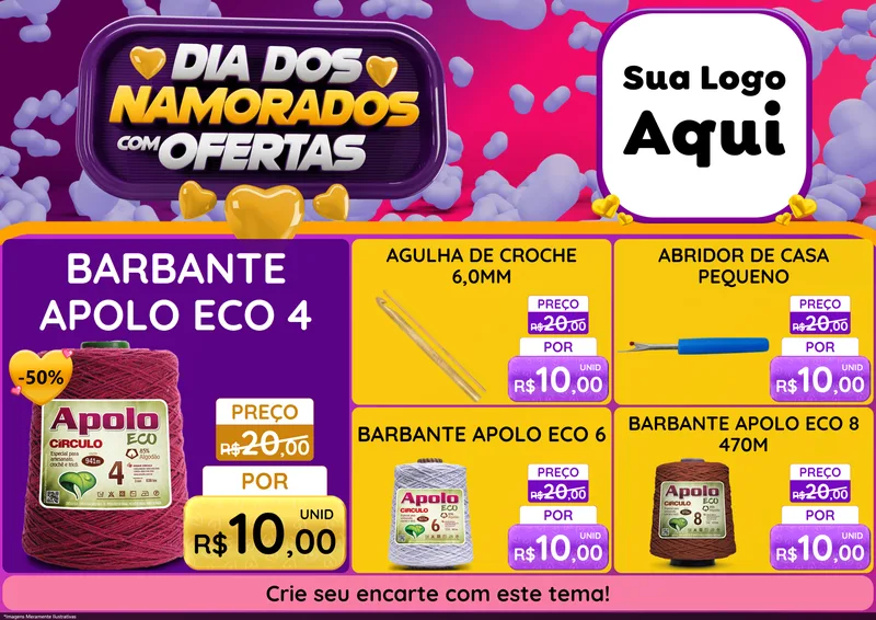 Modelo de Encarte para Encarte A4 Horizontal com o tema Dia Dos Namorados Com Ofertas para Armarinho e Aviamentos