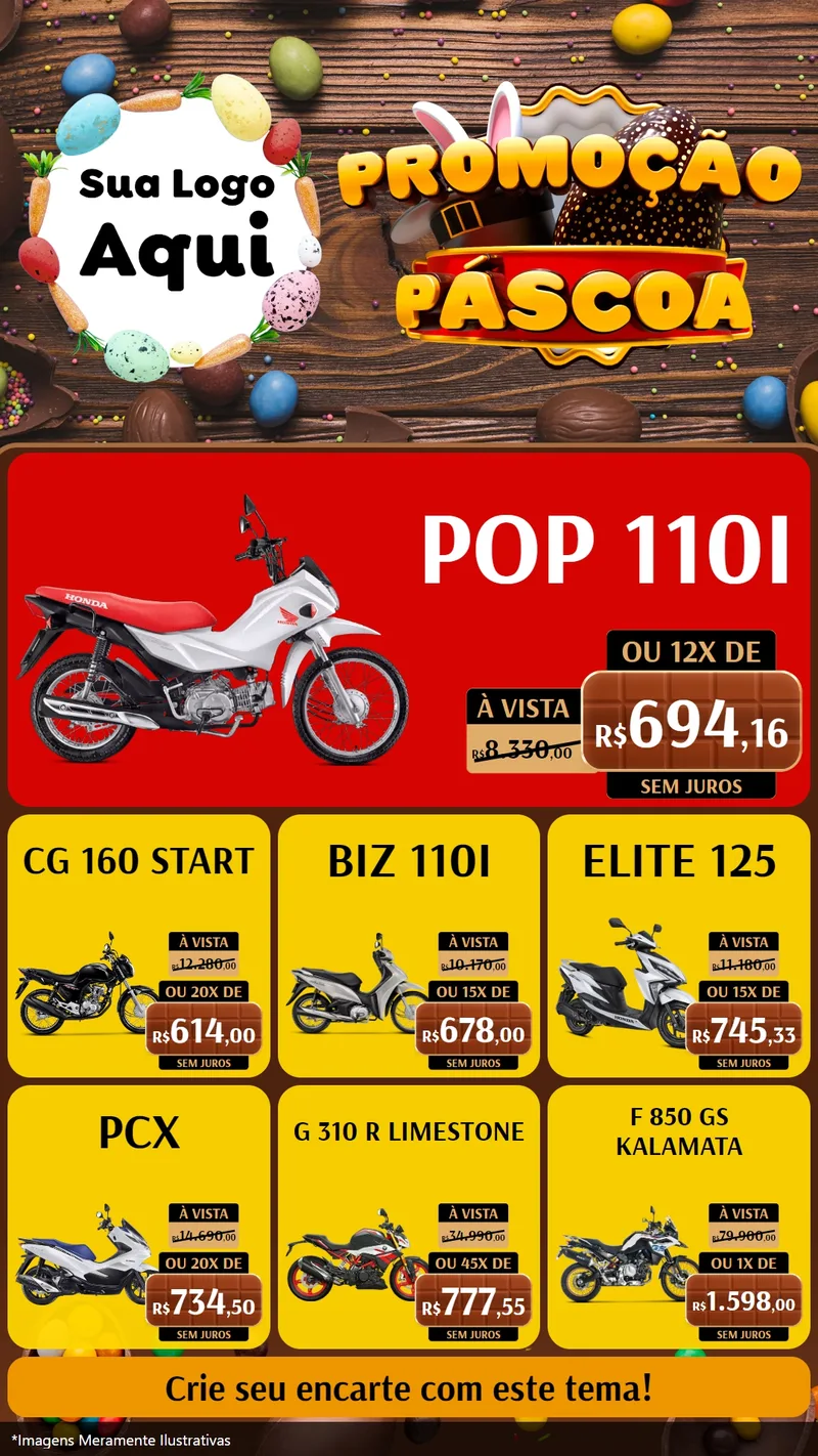 Modelo de Rede Social para Stories com o tema Promoção Páscoa para Concessionaria de Motos