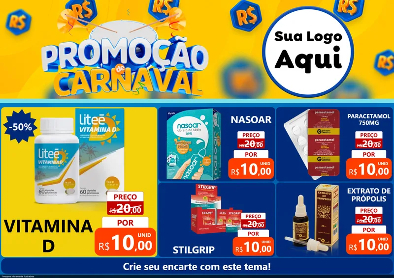 Modelo de Encarte para Encarte A4 Horizontal com o tema Promoção de Carnaval para Farmácia