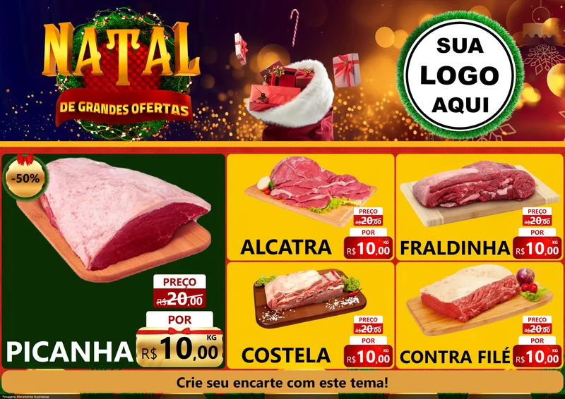 Modelo de Encarte para Encarte A4 Horizontal com o tema Natal de Grandes Ofertas para Açougue