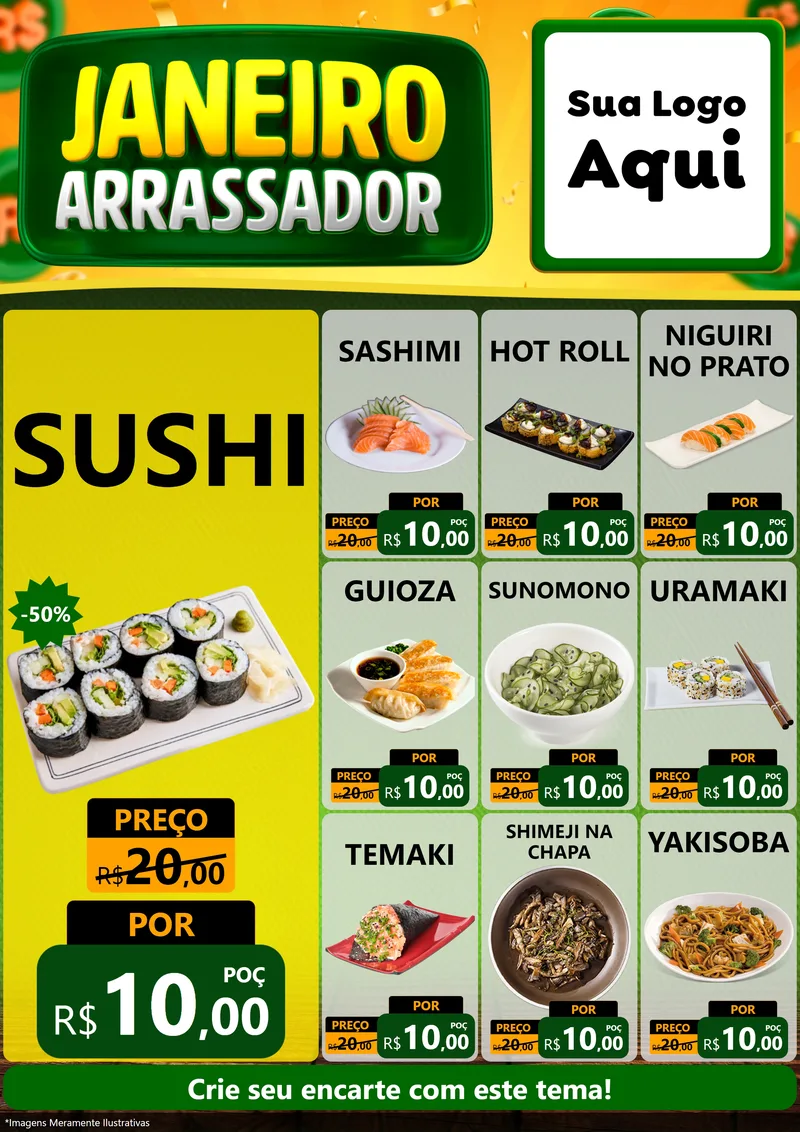 Modelo de Encarte para Encarte A4 Vertical com o tema Janeiro Arrasador para Comida japonesa