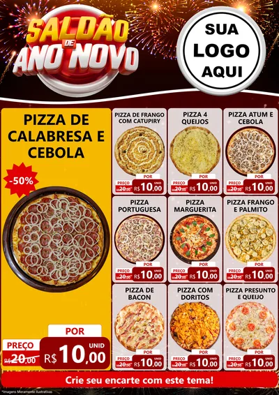Modelo de Encarte para Encarte A4 Vertical com o tema Saldão de Ano Novo para Pizzaria