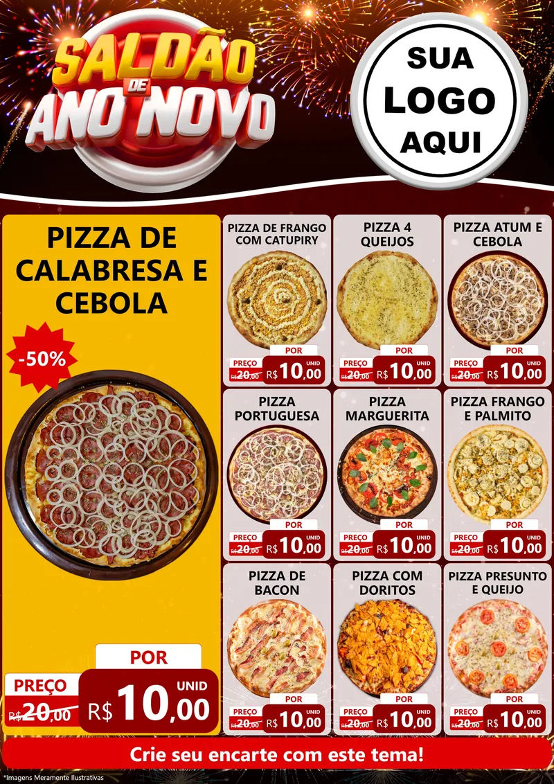 Modelo de Encarte para Encarte A4 Vertical com o tema Saldão de Ano Novo para Pizzaria