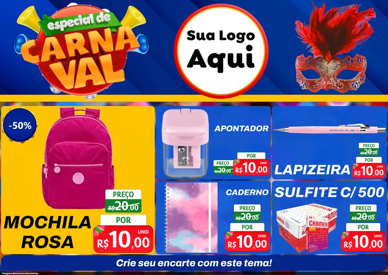 Modelo de Encarte para Encarte A4 Horizontal com o tema Especial de Carnaval para Papelaria