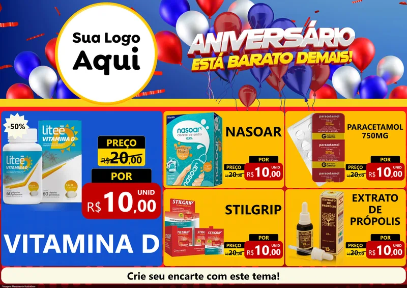 Modelo de Encarte para Encarte A4 Horizontal com o tema Aniversário para Farmácia