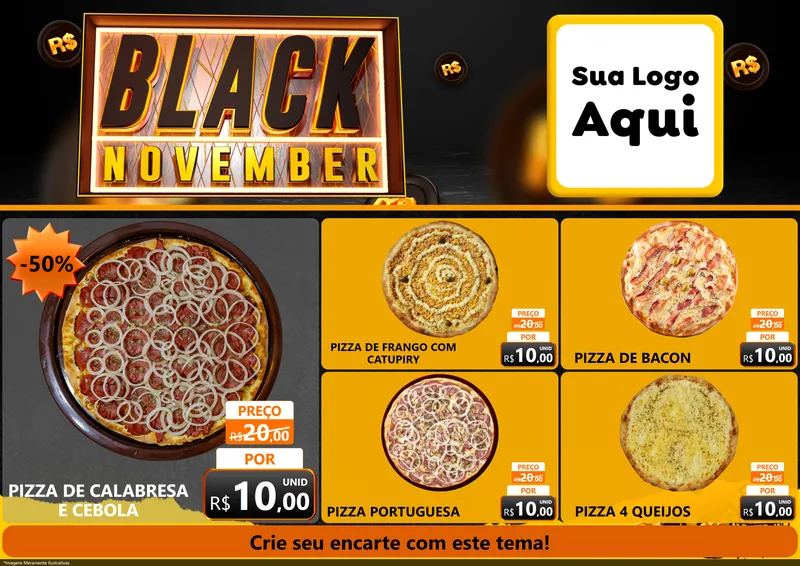 Modelo de Encarte para Encarte A4 Horizontal com o tema Black November para Pizzaria