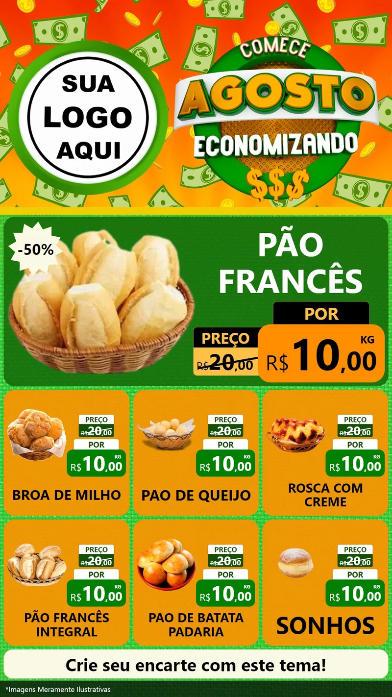 Modelo de Rede Social para Stories com o tema Comece Agosto Economizando para Padaria