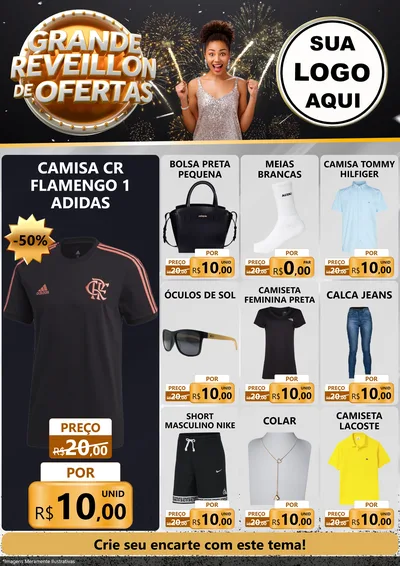 Modelo de Encarte para Encarte A4 Vertical com o tema Grande Réveillon de Ofertas para Roupas e acessórios