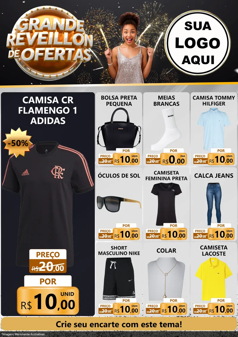 Modelo de Encarte para Encarte A4 Vertical com o tema Grande Réveillon de Ofertas para Roupas e acessórios