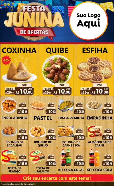 Modelo de Encarte para Encarte Grande com o tema Festa Junina de Ofertas para Salgadaria