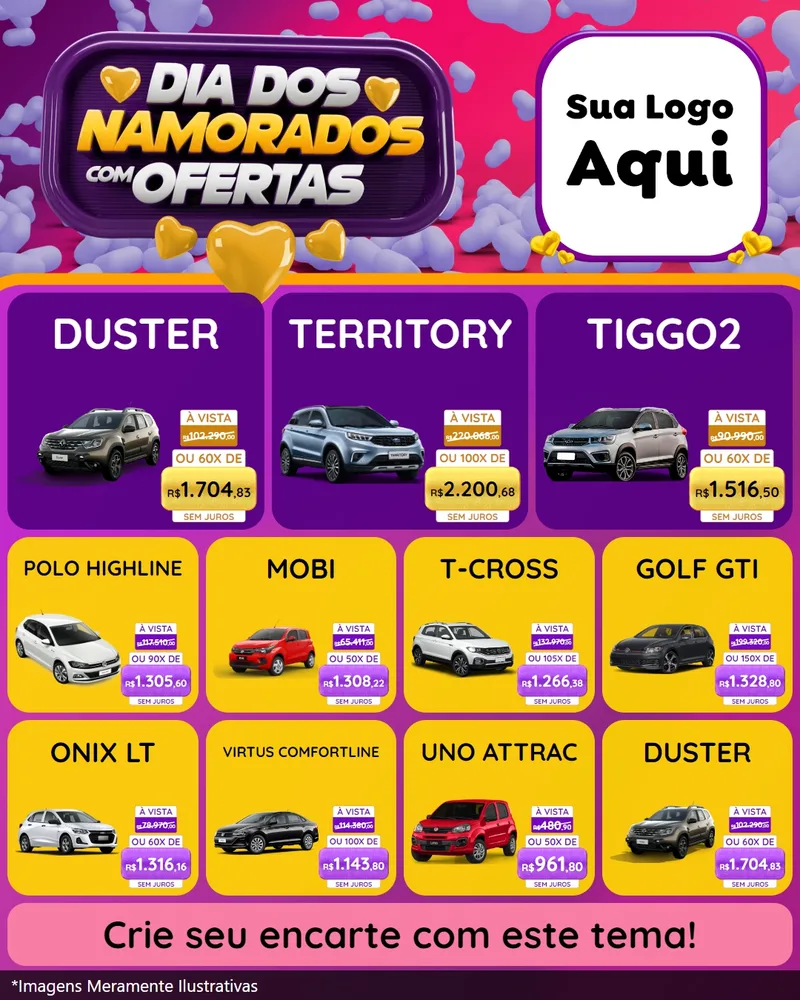 Modelo de Rede Social para Feed Instagram com o tema Dia Dos Namorados Com Ofertas para Concessionaria de Carros