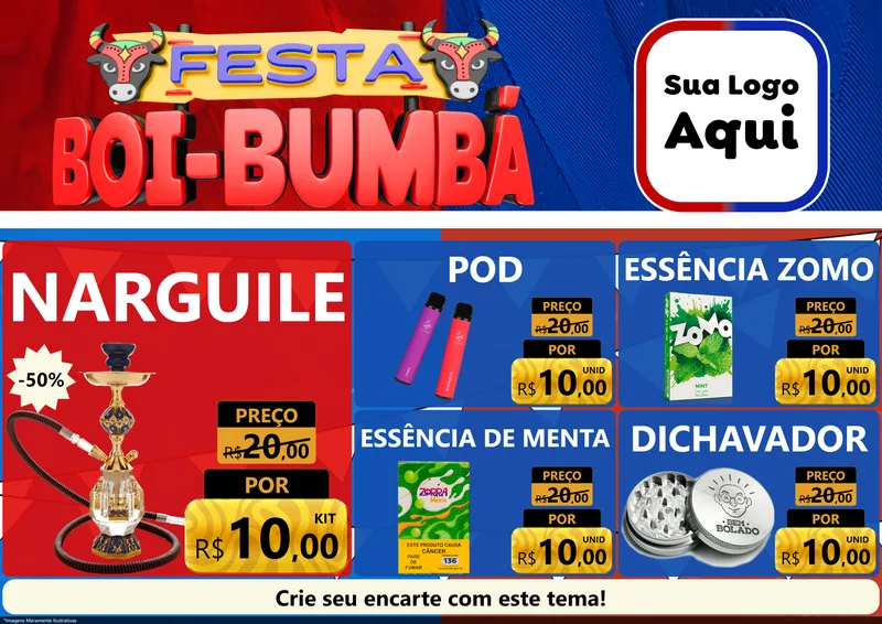 Modelo de Encarte para Encarte A4 Horizontal com o tema Festa Boi Bumbá para Tabacaria