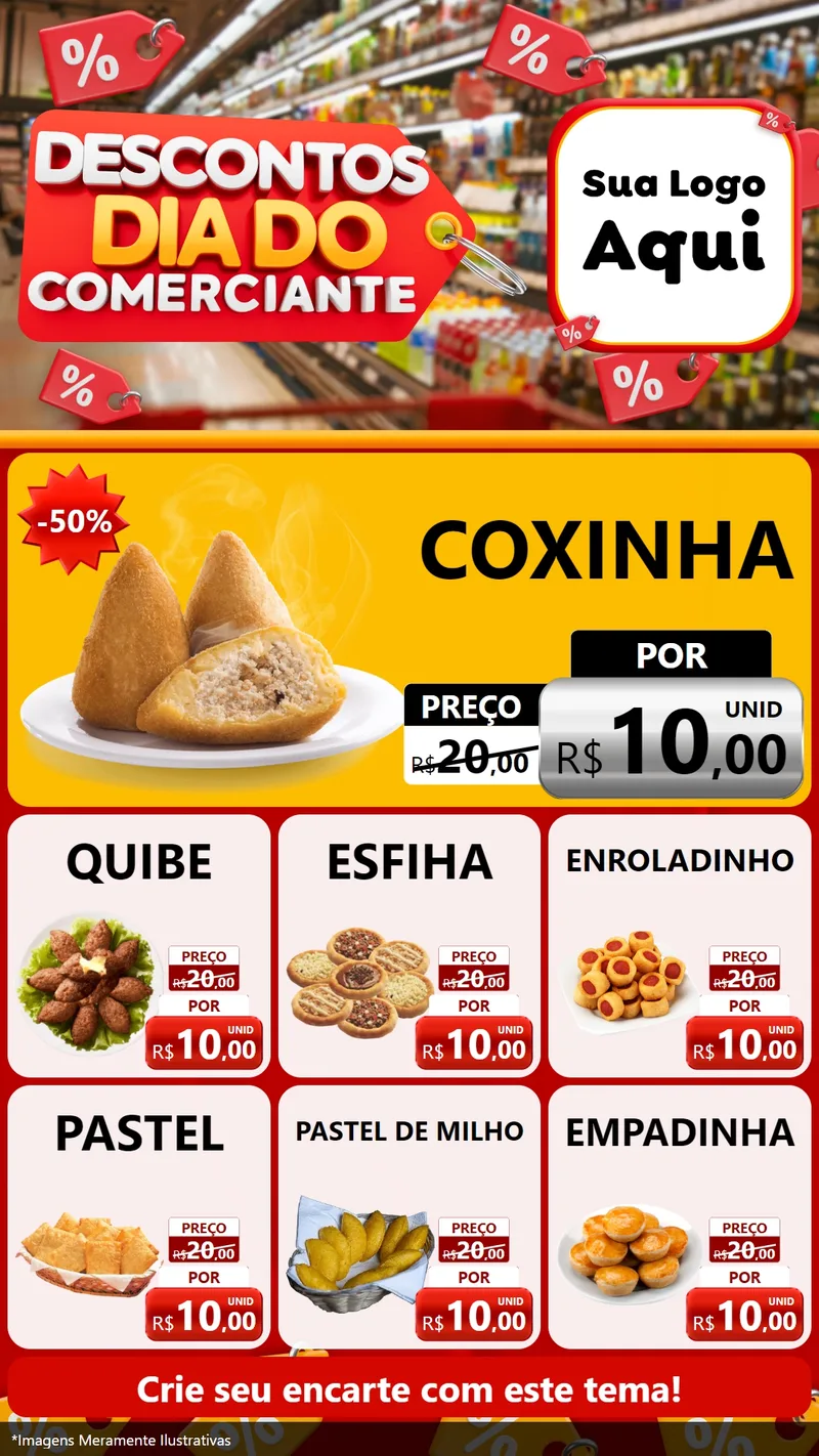 Modelo de Rede Social para Stories com o tema Descontos Dia do Comerciante para Salgadaria