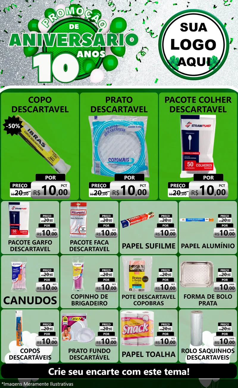 Modelo de Encarte para Encarte Grande com o tema Promoção de Aniversário - 10 Anos para Embalagens