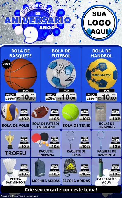 Modelo de Encarte para Encarte Grande com o tema Promoção de Aniversário - 9 Anos para Artigos Esportivos