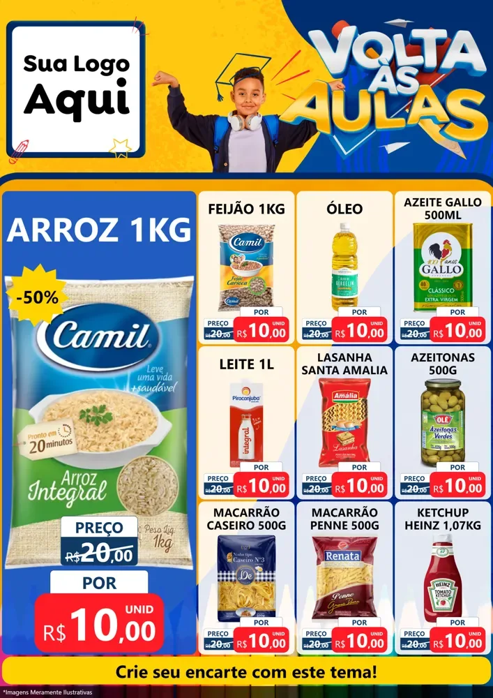 Modelo de Encarte para Encarte A4 Vertical com o tema Volta Às Aulas para Supermercado