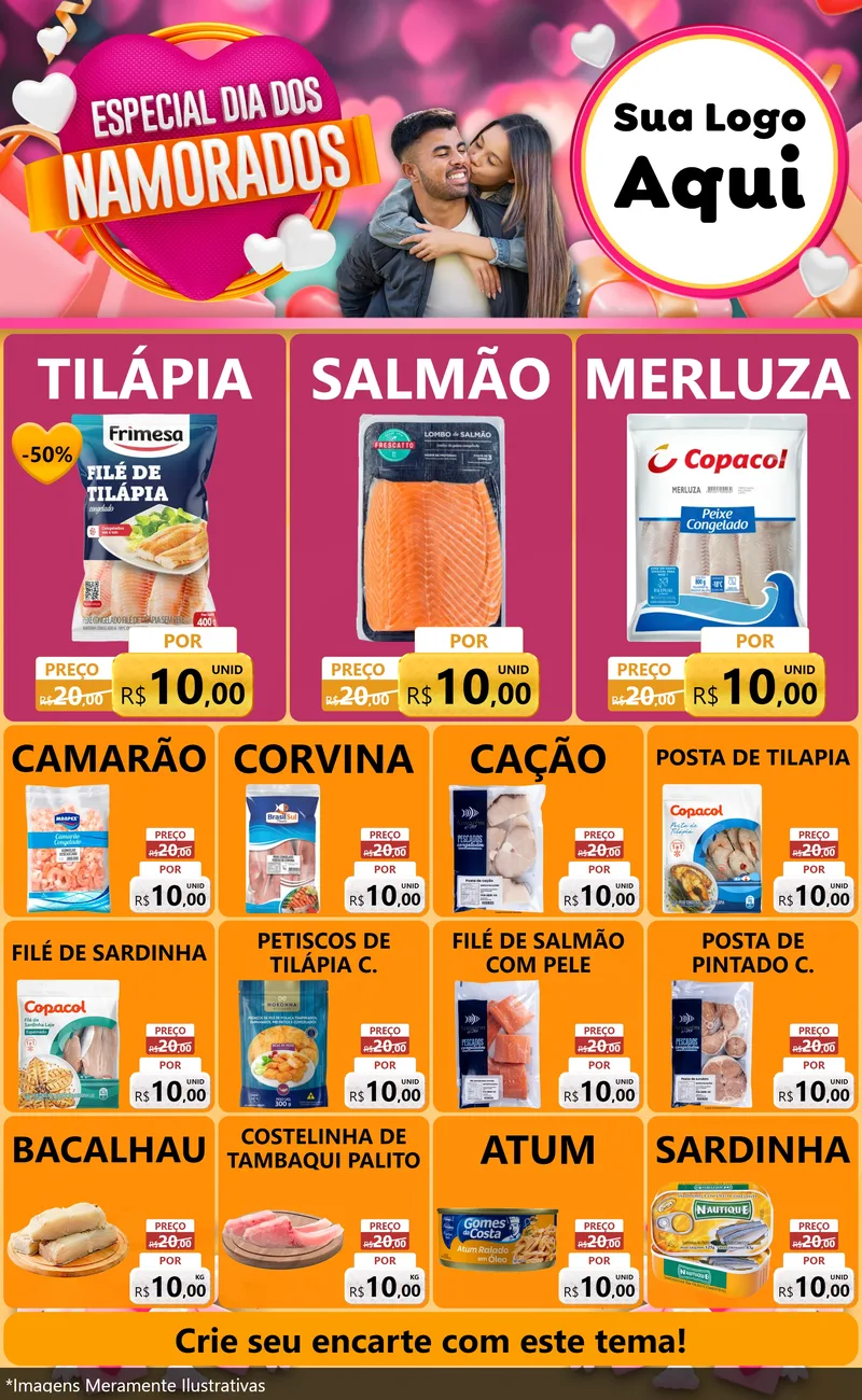 Modelo de Encarte para Encarte Grande com o tema Especial Dia dos Namorados para Peixaria