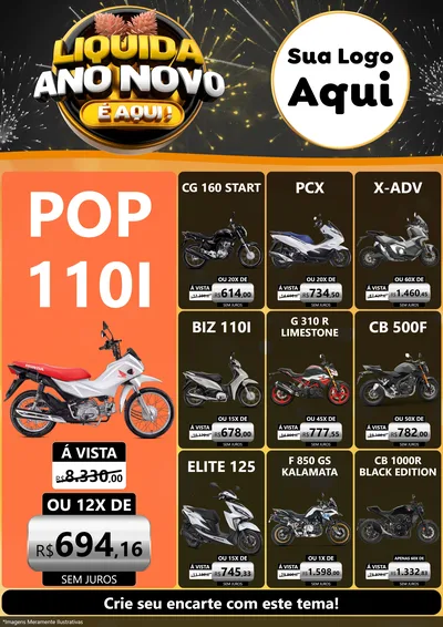 Modelo de Encarte para Encarte A4 Vertical com o tema Liquida Ano Novo É Aqui! para Concessionaria de Motos