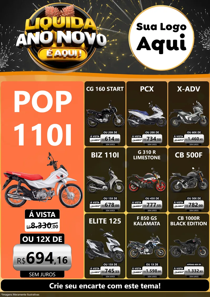 Modelo de Encarte para Encarte A4 Vertical com o tema Liquida Ano Novo É Aqui! para Concessionaria de Motos