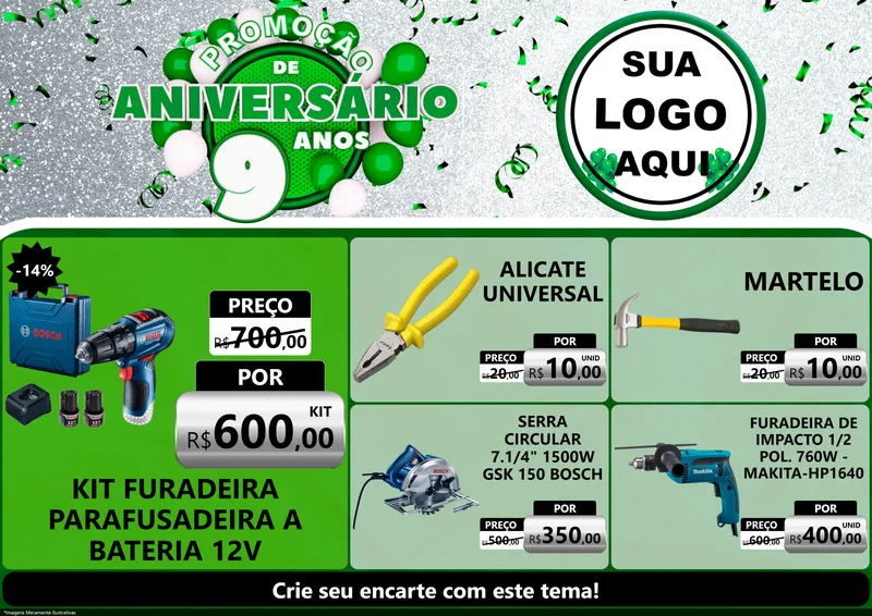 Modelo de Encarte para Encarte A4 Horizontal com o tema Promoção de Aniversário - 9 Anos para Maquinas e Ferramentas