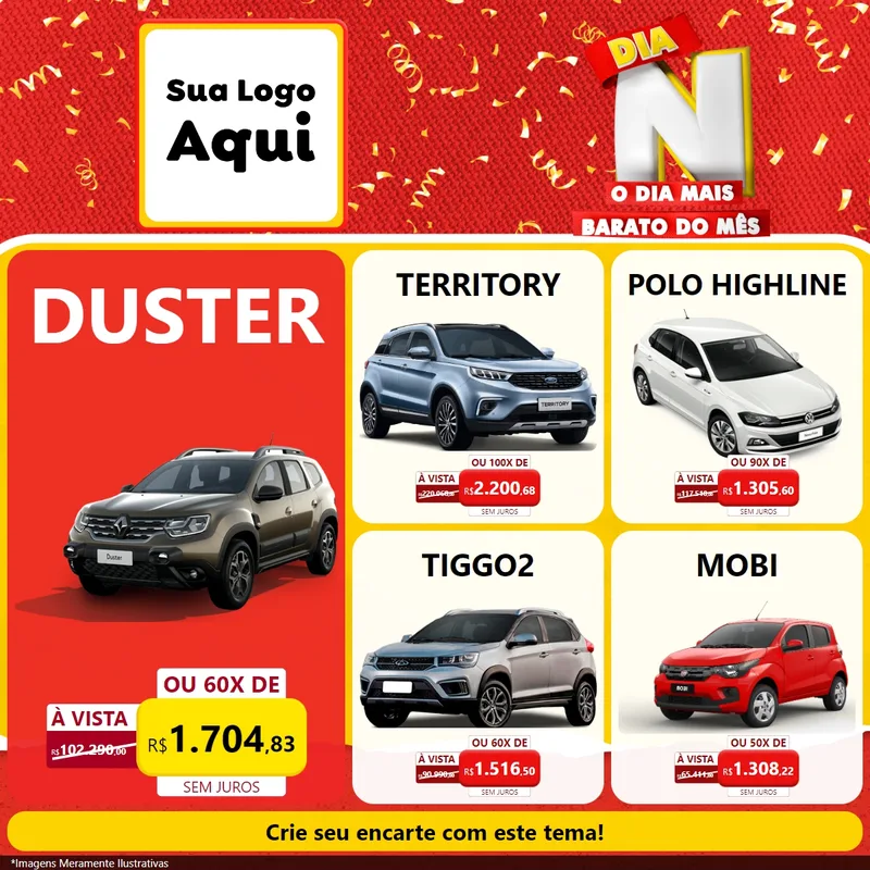Modelo de Rede Social para Feed Facebook com o tema Dia N o Dia Mais Barato do Mês para Concessionaria de Carros