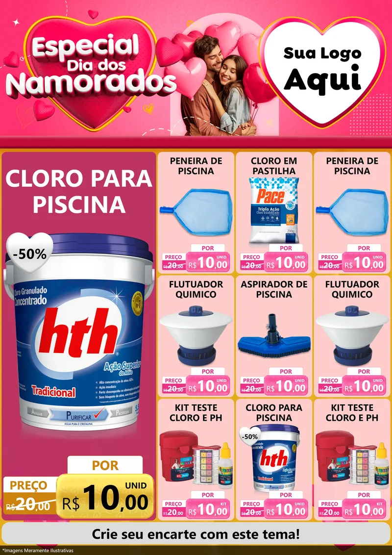 Modelo de Encarte para Encarte A4 Vertical com o tema Especial Dia dos Namorados para Produtos para Piscina