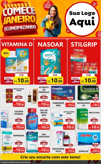Modelo de Encarte para Encarte Grande com o tema Comece Janeiro Economizando para Farmácia