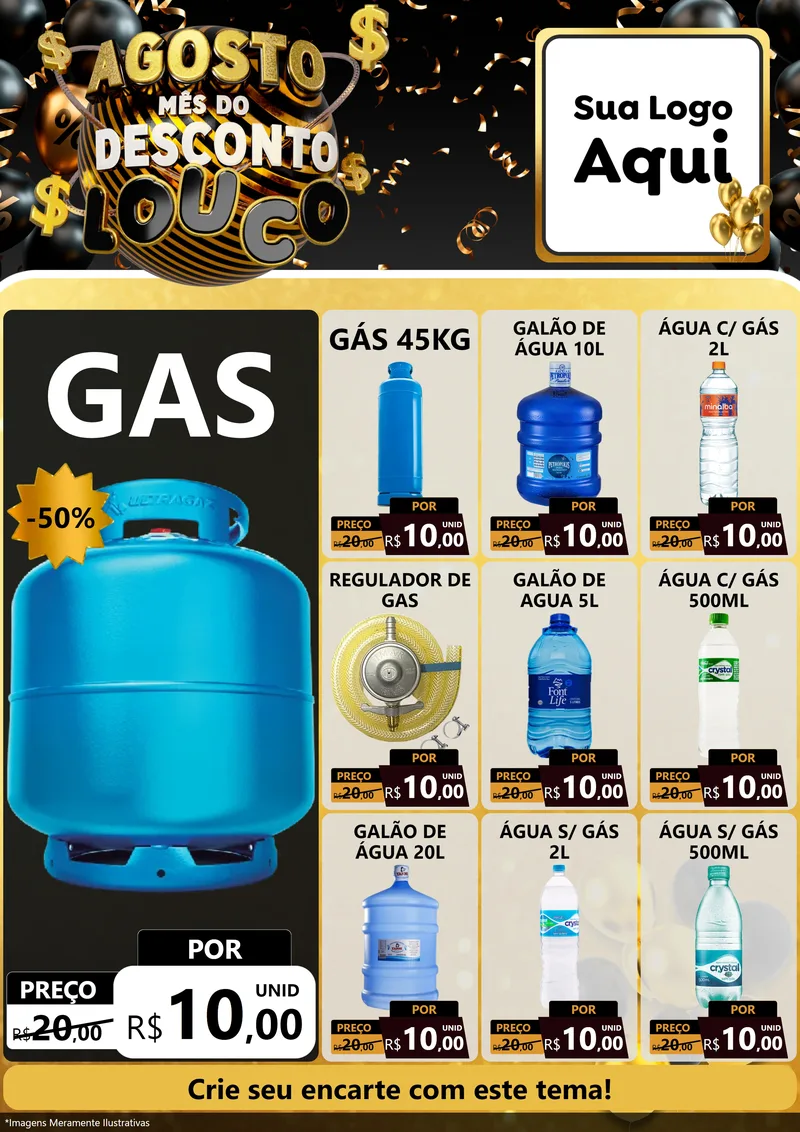 Modelo de Encarte para Encarte A4 Vertical com o tema Agosto Mês do Desconto Louco para Água e gás