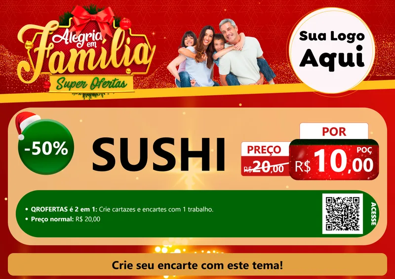 Modelo de Cartaz para Cartaz A4 Horizontal com o tema Alegria em Família Super Ofertas - Natal para Comida japonesa