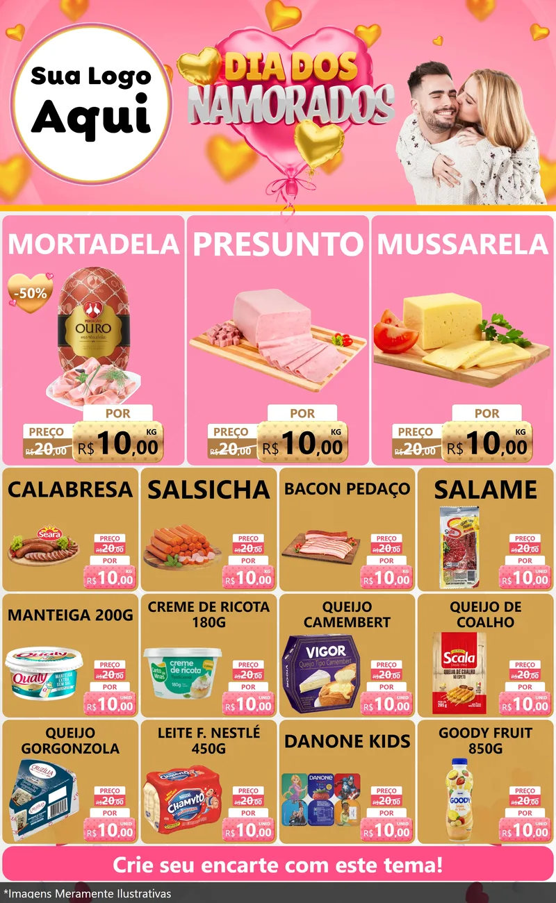 Modelo de Encarte para Encarte Grande com o tema Dia dos Namorados para Frios e Laticínios