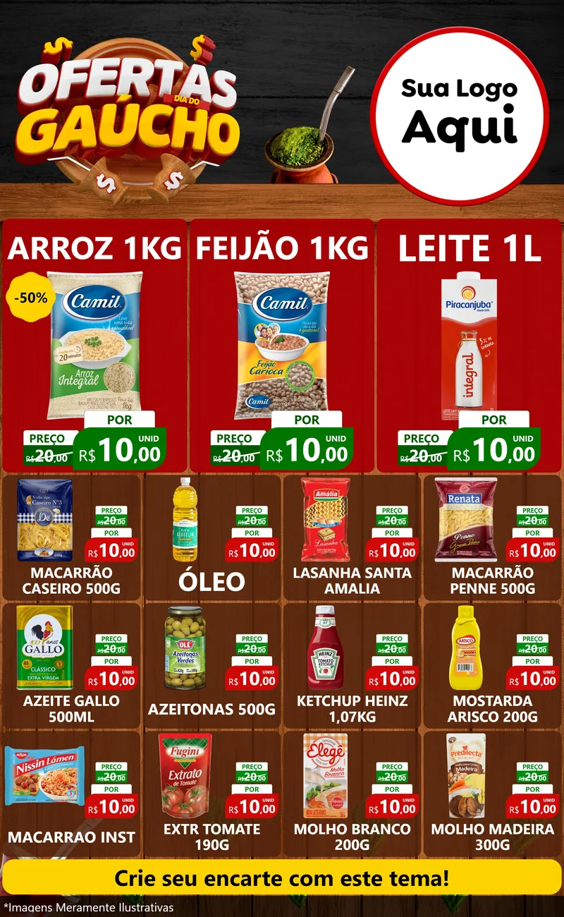 Modelo de Encarte para Encarte Grande com o tema Ofertas Dia do Gaúcho para Supermercado