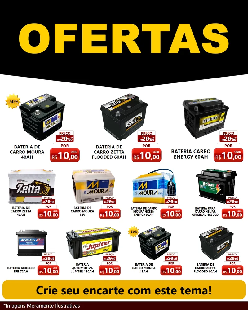 Modelo de Rede Social para Feed Instagram com o tema Ofertas Preto e Vermelho Cartaz para Baterias Elétricas
