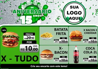 Modelo de Encarte para Encarte A4 Horizontal com o tema Promoção de Aniversário - 15 Anos para Hamburgueria