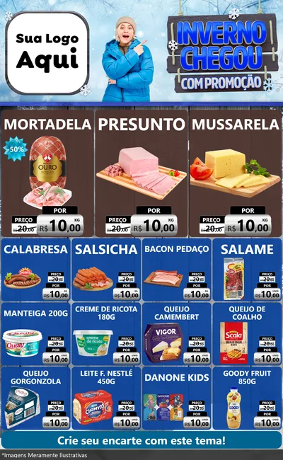 Modelo de Encarte para Encarte Grande com o tema Inverno Chegou Com Promoção para Frios e Laticínios