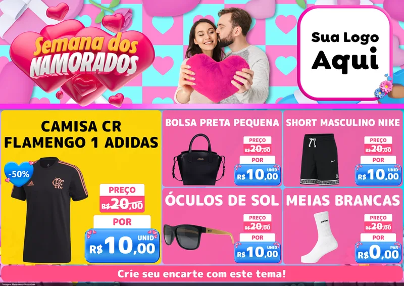 Modelo de Encarte para Encarte A4 Horizontal com o tema Semana dos Namorados para Roupas e acessórios